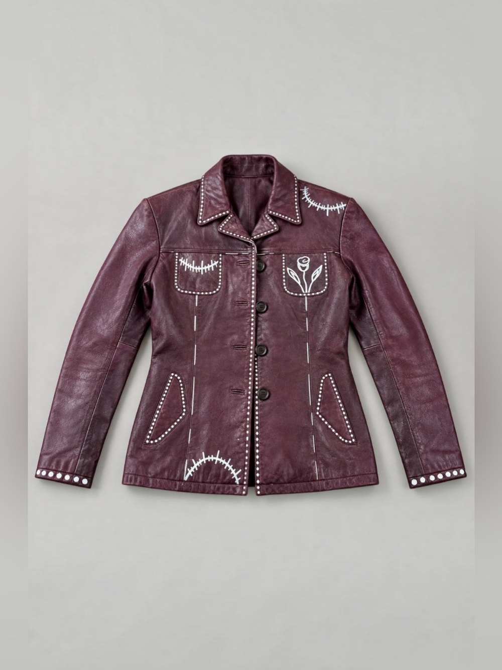 One of a Kind Hand Painted Burgundy Leather Jacket Vintage 1990s Abstract Art